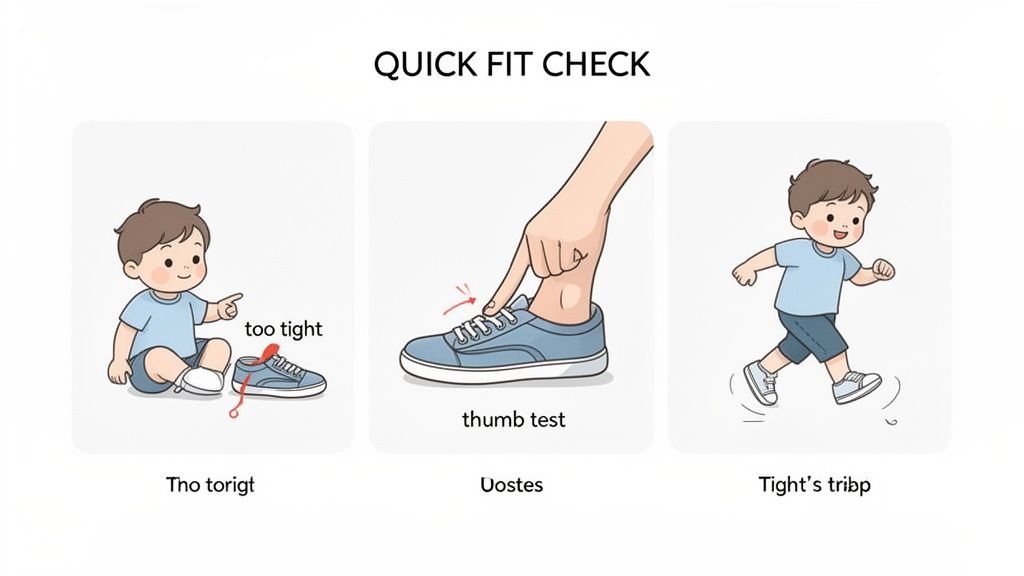 Three illustrations demonstrating how to properly check a toddler's shoe fit for comfort and safety.