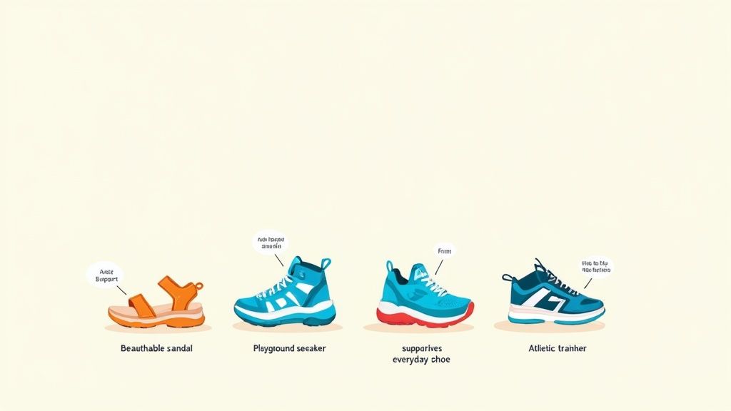 Four illustrated children's shoes: an orange sandal, blue playground sneaker, everyday shoe, and athletic trainer.