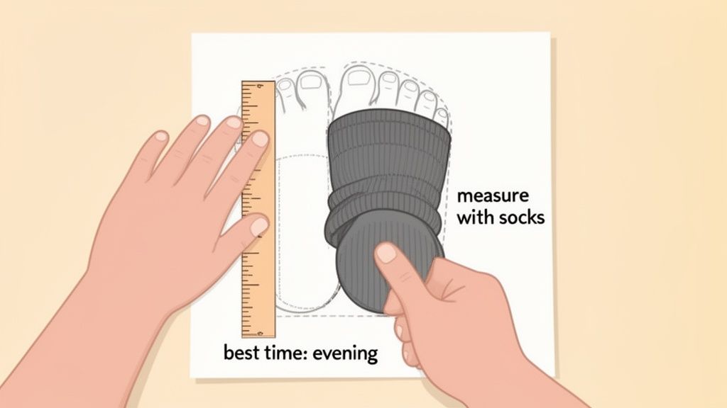 Hands measuring a child's foot with a ruler, indicating measuring with socks in the evening.