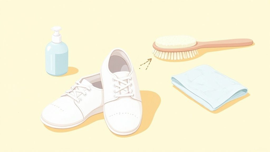 A toddler's white walking shoes being gently cleaned with a cloth
