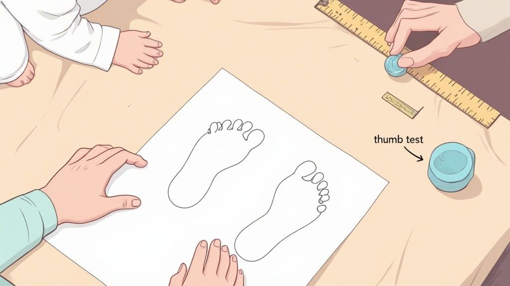 A person tracing two foot outlines on paper, with a baby's foot nearby for shoe measurement.