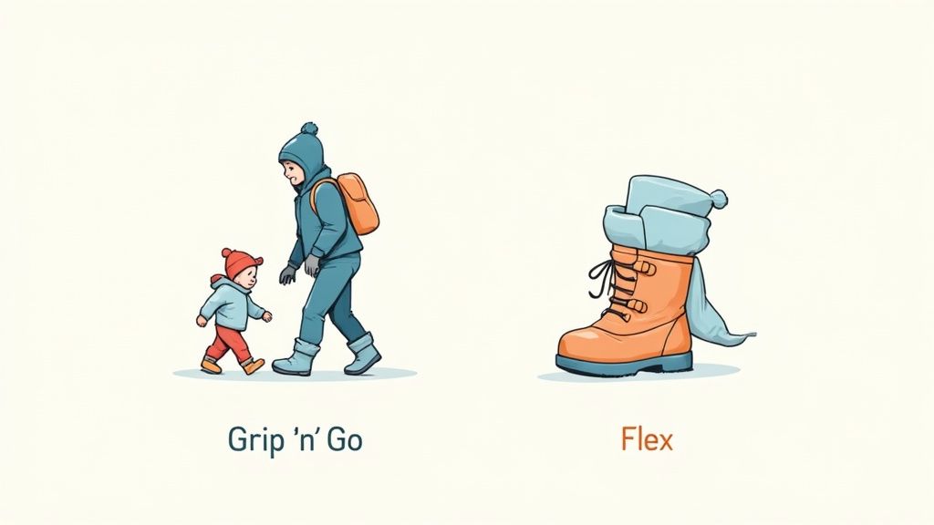 An illustration featuring a parent and toddler walking in winter attire, alongside a large orange winter boot.