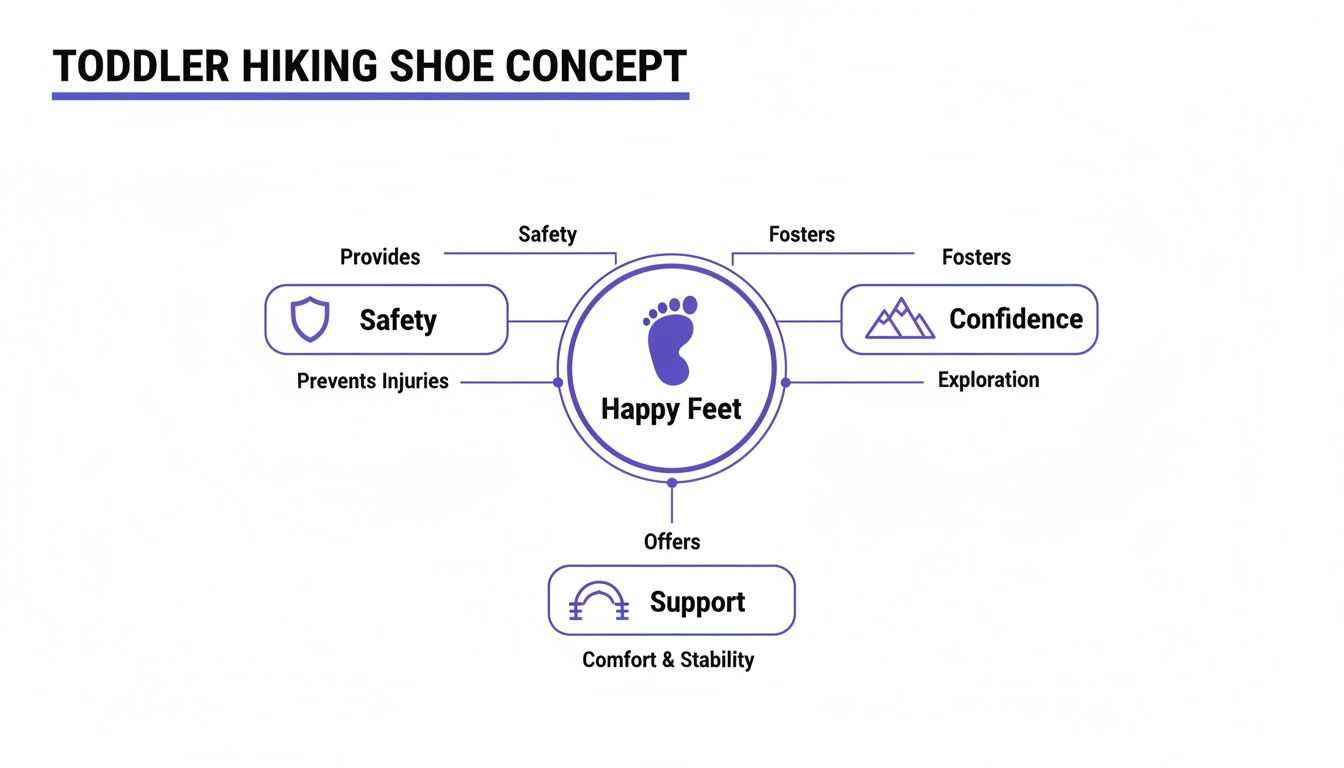 Diagram illustrating the Toddler Hiking Shoe Concept, with Happy Feet at the center leading to Safety, Confidence, and Support.