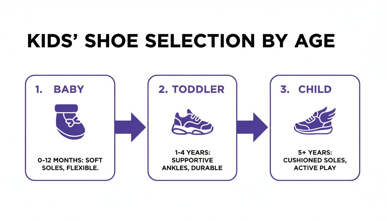 A guide showing kids' shoe selection by age: baby, toddler, and child stages.