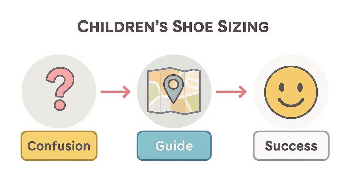 Children's shoe sizing process flowchart showing confusion to guide to success stages with icons