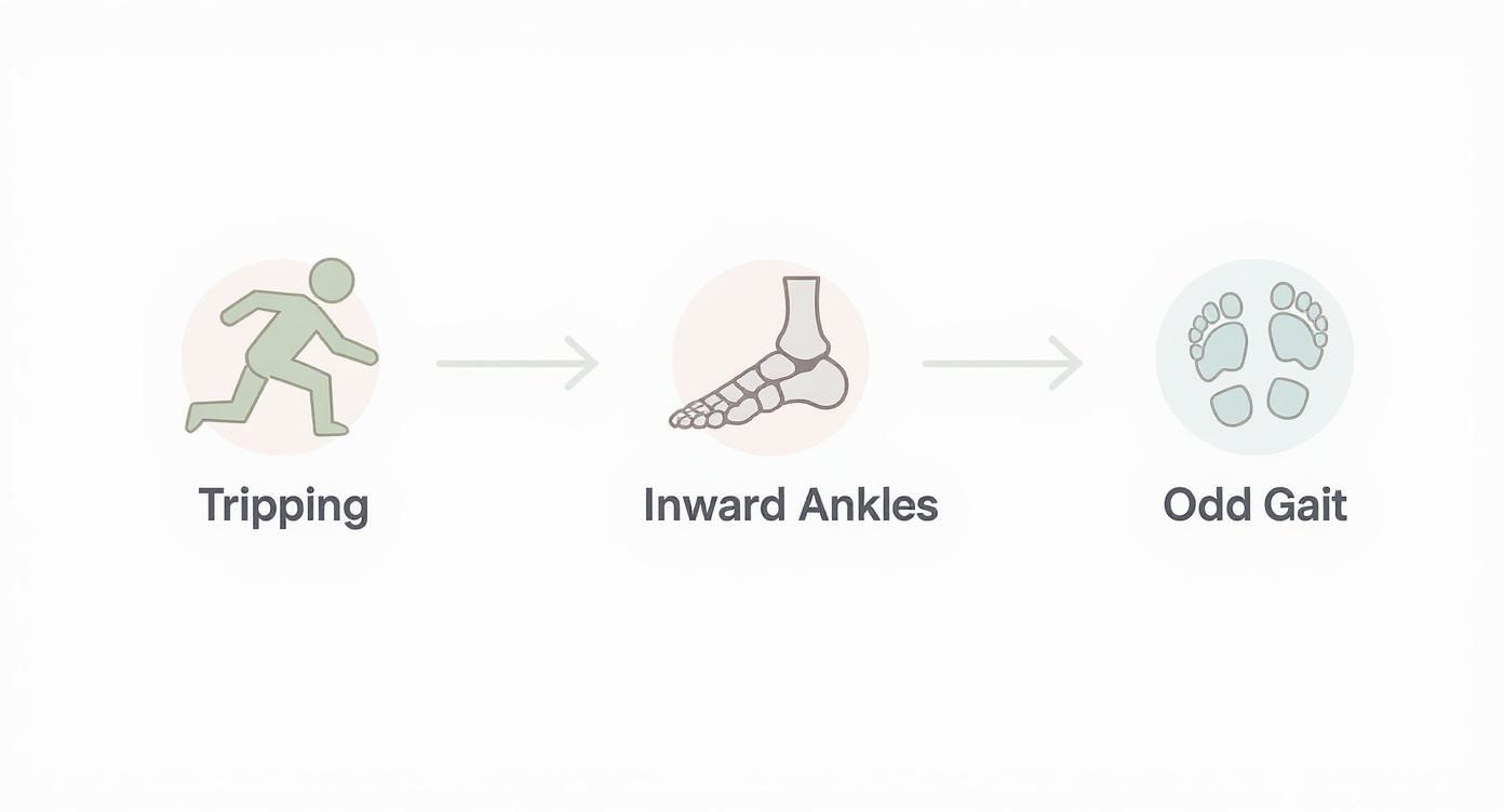 Infographic showing signs a toddler might need extra foot support, including icons for tripping, inward ankles, and an odd gait.