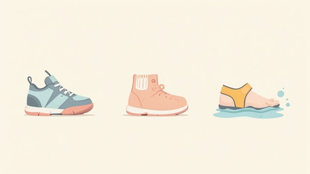 A toddler wearing stylish and comfortable first walking shoes.