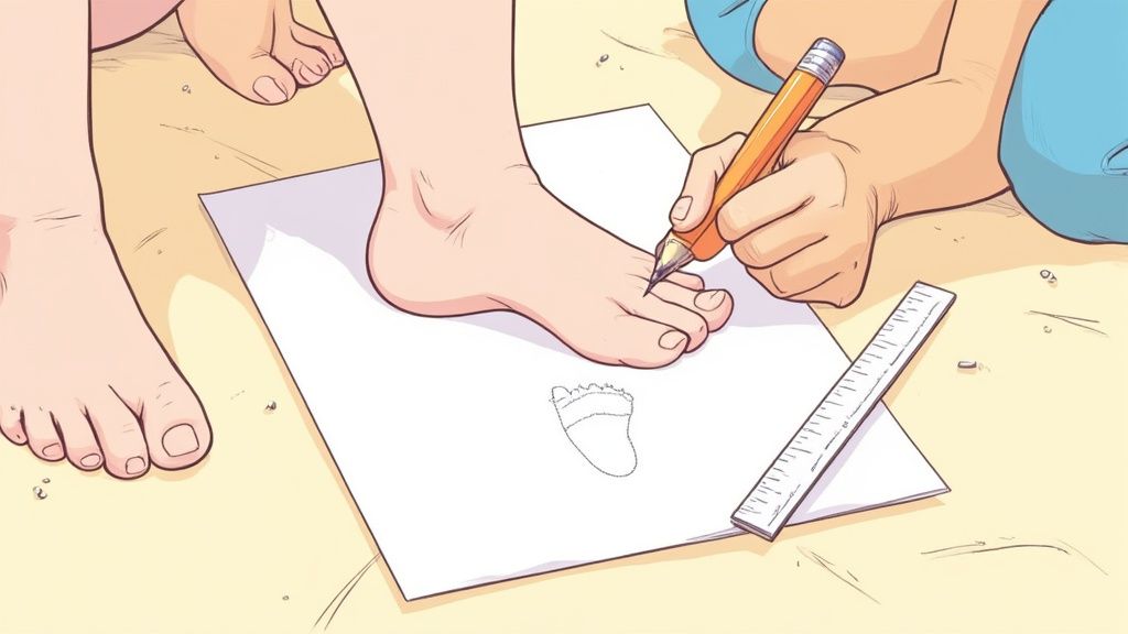 A person tracing a child's foot on paper with a pencil to measure for shoes.