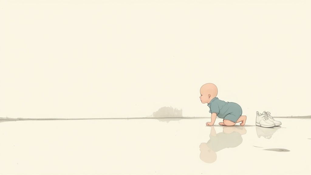 A baby crawling on a light-colored floor wearing soft-soled shoes.