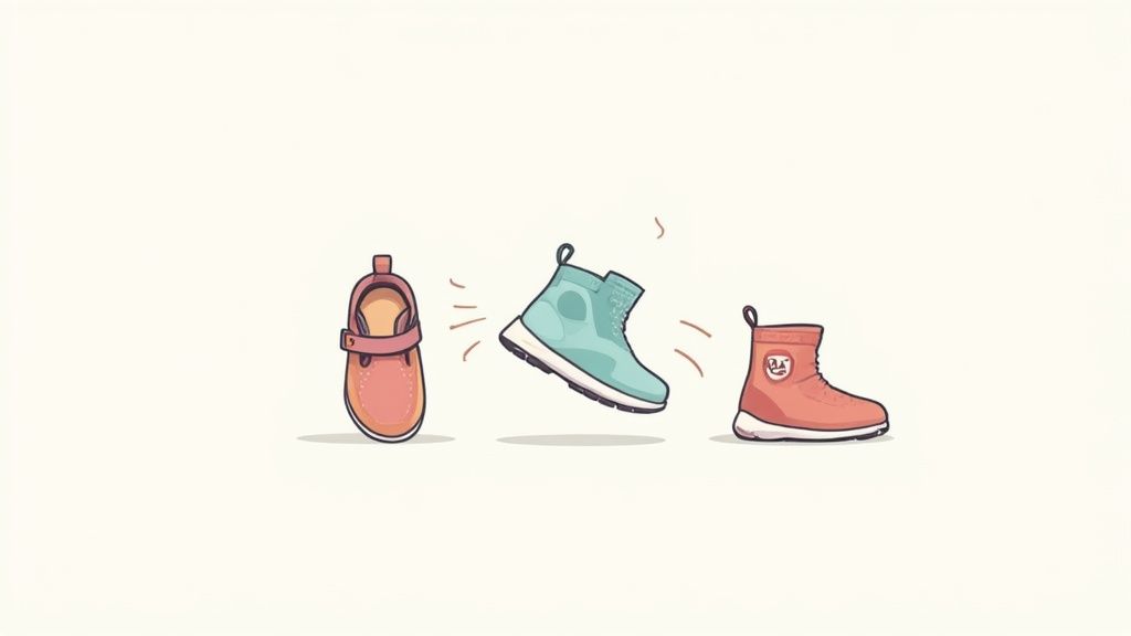 Three colorful baby walking shoes displayed in a row showing different styles and designs