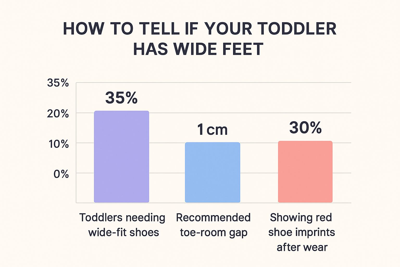 Infographic showing data on toddler foot width, including that 35% of toddlers need wide shoes, the recommended 1cm toe room, and that 30% show red shoe imprints from ill-fitting shoes.