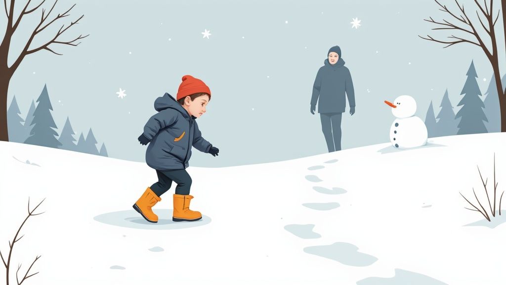 A young child in an orange hat and blue jacket walking in a snowy landscape with an adult and a snowman.