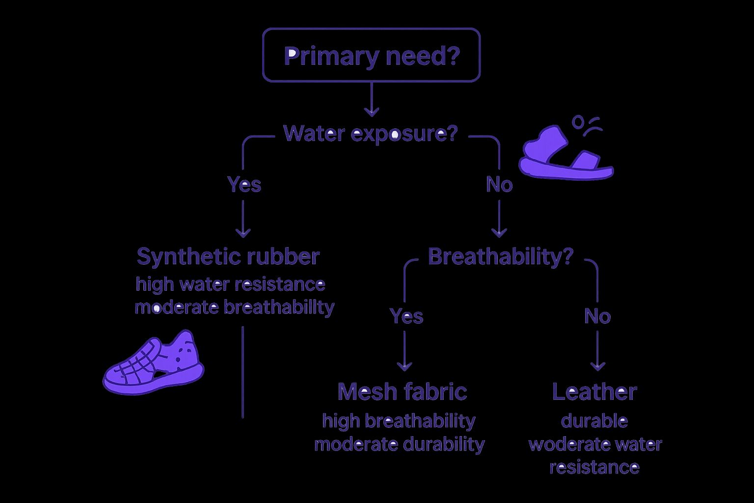Infographic showing a decision tree for choosing toddler sandal material based on water exposure and breathability needs.