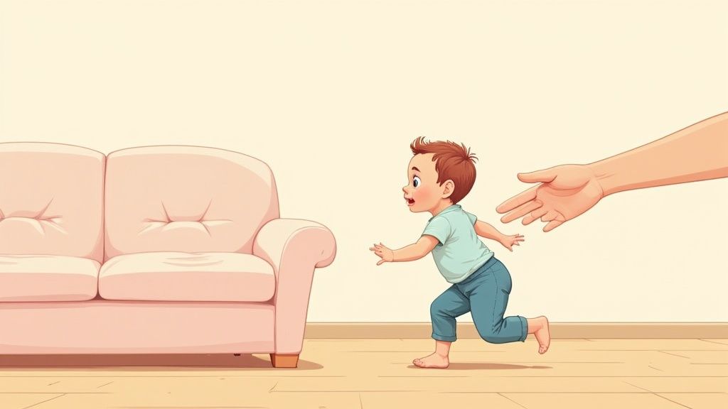 A baby wearing first walking shoes takes wobbly steps on a wooden floor with the help of a parent.