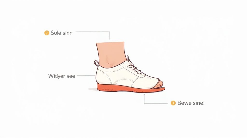An illustration of a foot wearing an open-toe shoe with an orange sole, showing different parts labeled with text.