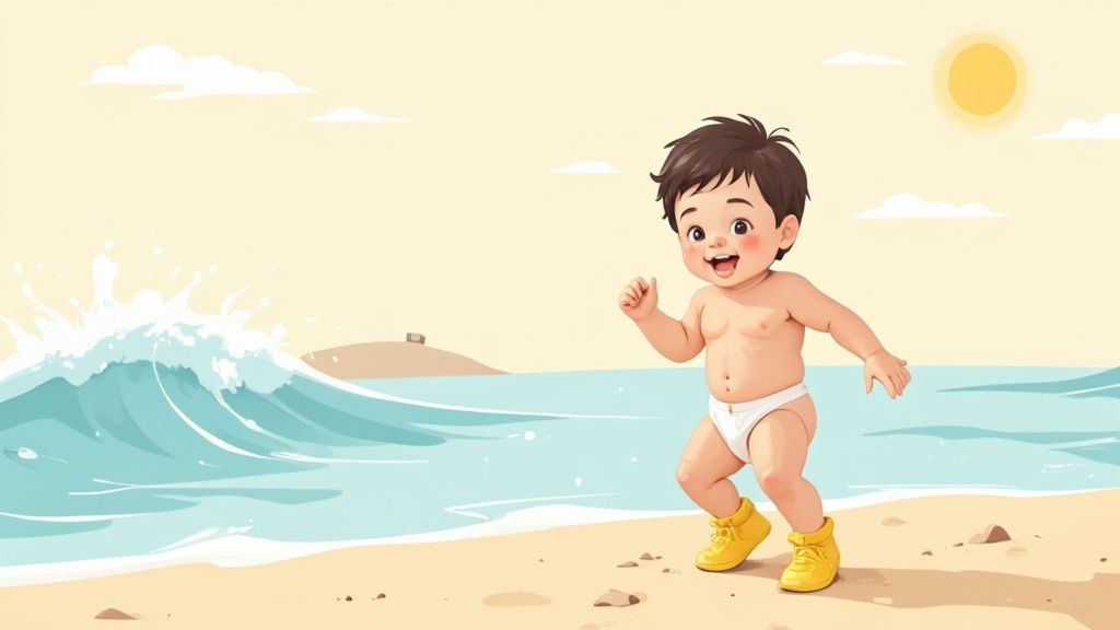 A happy toddler in a diaper and yellow shoes runs on a sandy beach with a wave crashing.