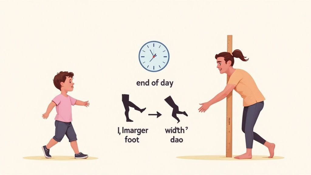 An adult measures a child's height while illustrations show foot size changing throughout the day.