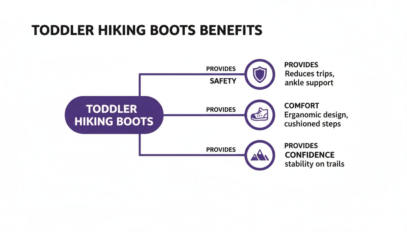 Diagram illustrating the key benefits of toddler hiking boots, emphasizing safety, comfort, and confidence for young adventurers.