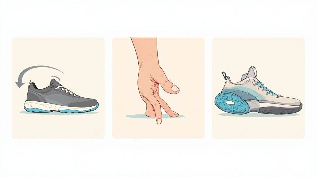 Three panels illustrate sneaker flexibility, a walking hand, and shoe sole design, highlighting key features.