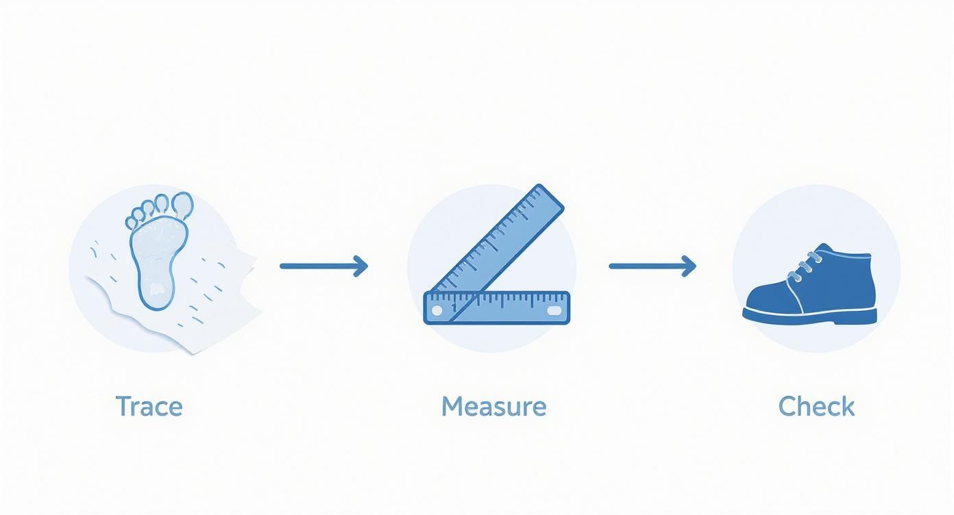 Three step process showing how to measure toddler shoes: trace foot, measure with ruler, check shoe fit