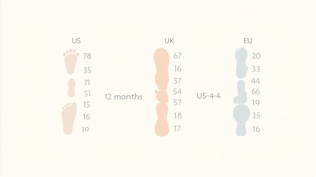 A shoe size conversion chart displaying US, UK, and EU sizes, with categories like '12 months'.