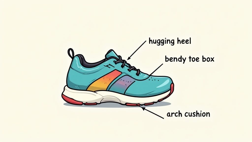 A parent gently checking the fit of a colorful, supportive sneaker on their child's foot in a shoe store.