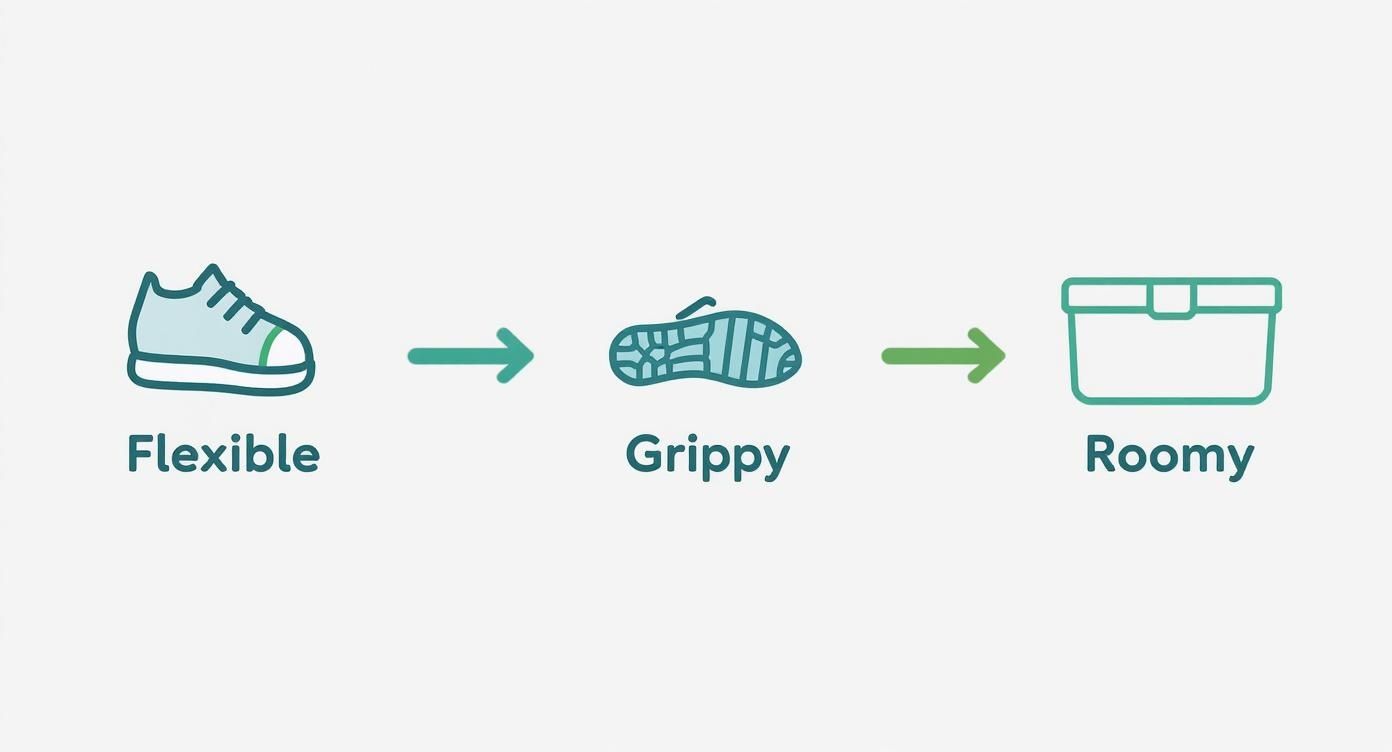 Three icons illustrating shoe features: flexible (shoe), grippy (sole), and roomy (box).
