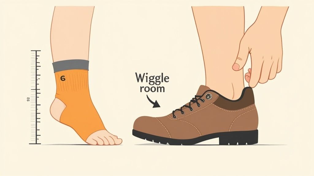 An illustration showing a foot in a numbered sock next to a shoe, emphasizing 'Wiggle room' for proper fit.