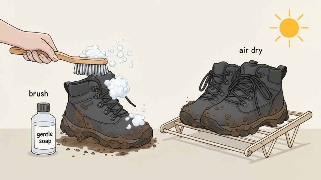A hand brushes a muddy hiking boot with gentle soap, while another pair air-dries under the sun on a rack.