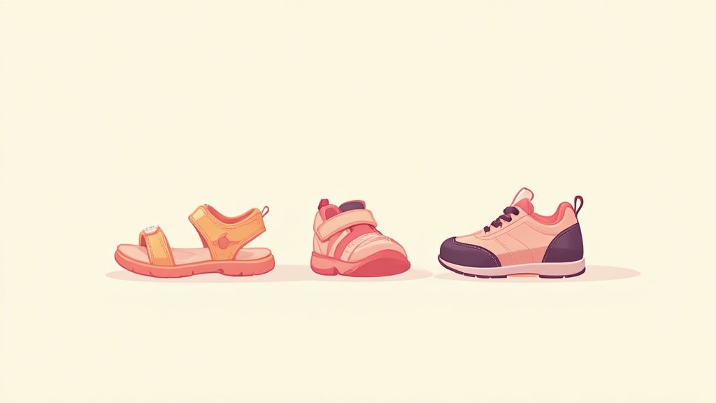 A collection of colorful kids water shoes ready for summer adventures.