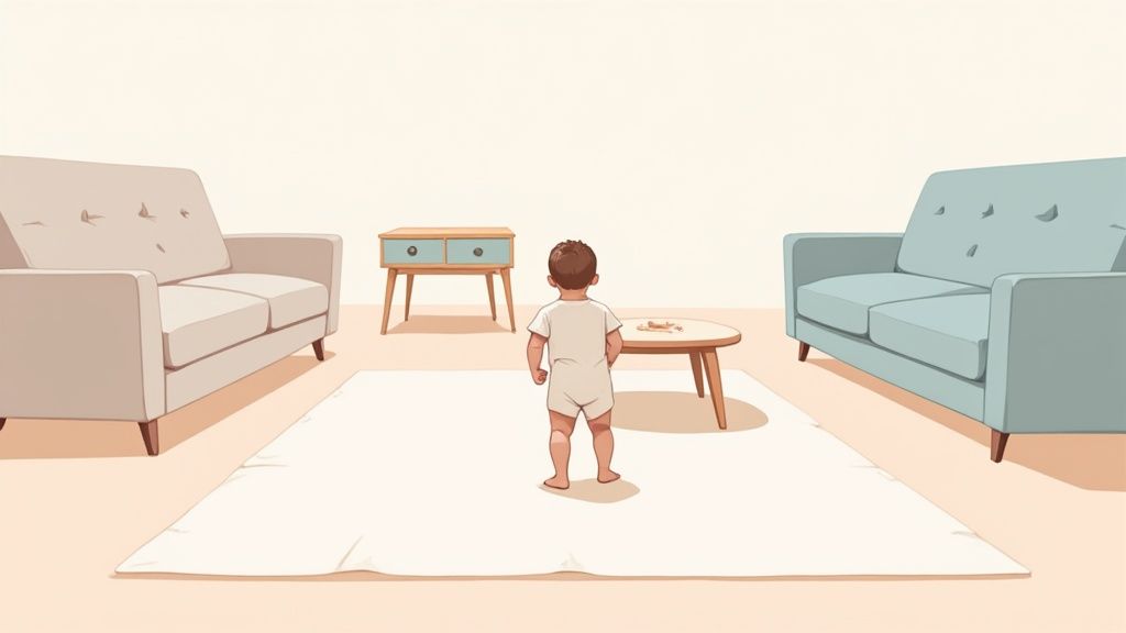 A safe and colorful living room with soft flooring, where a baby is happily cruising along a low coffee table.