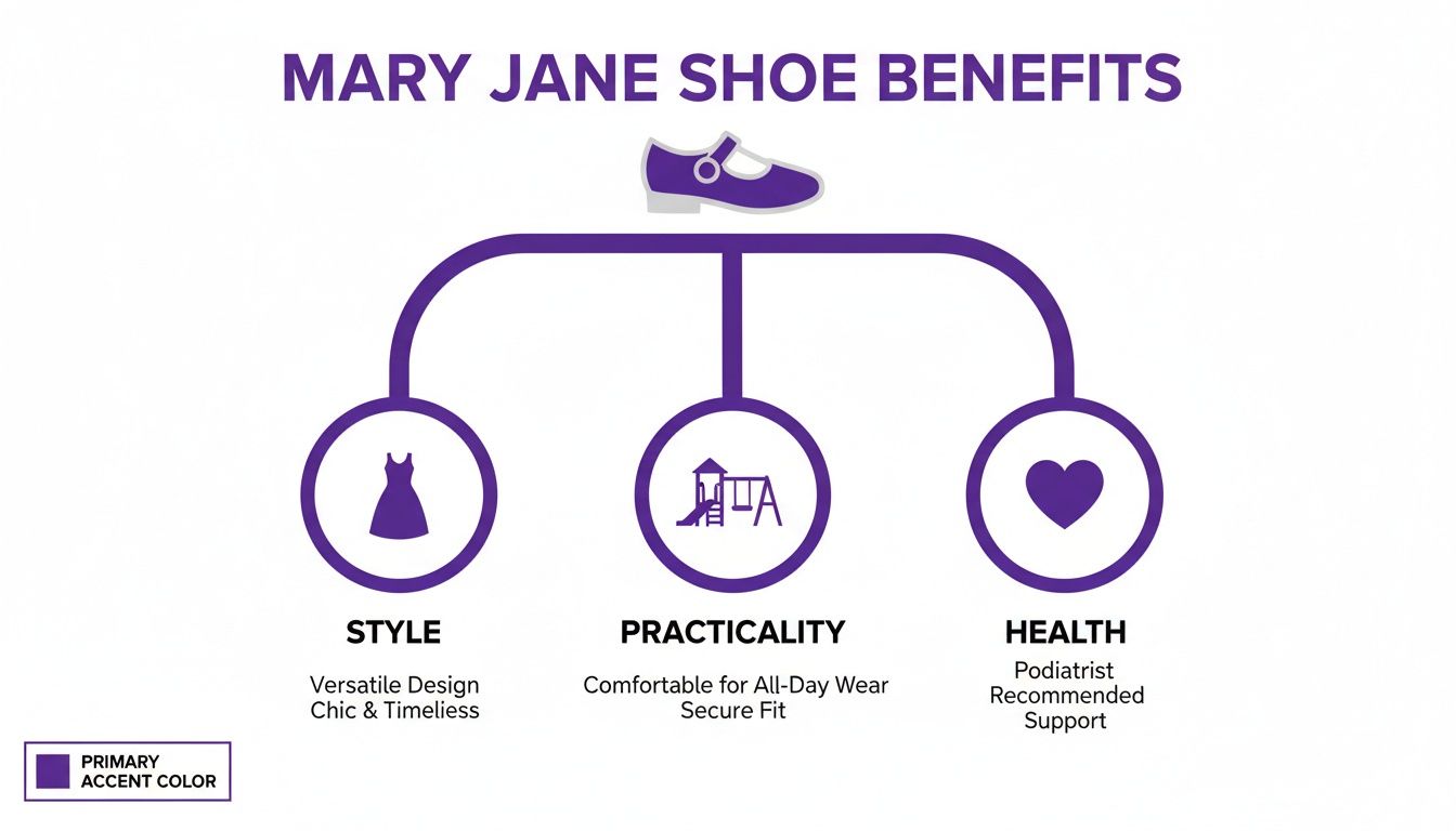 Infographic illustrating the style, practicality, and health benefits of Mary Jane shoes.