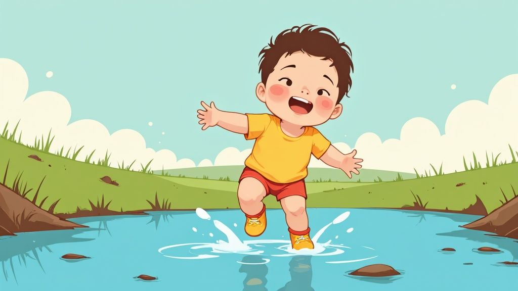 A child wearing colorful water shoes splashing in the water.
