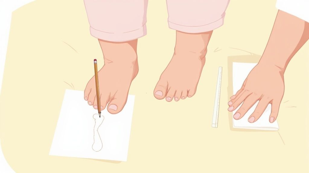 A parent measures their child's foot on a piece of paper.