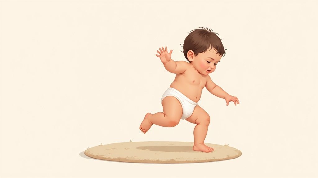 Toddler baby learning to walk wearing white diaper on beige surface illustration