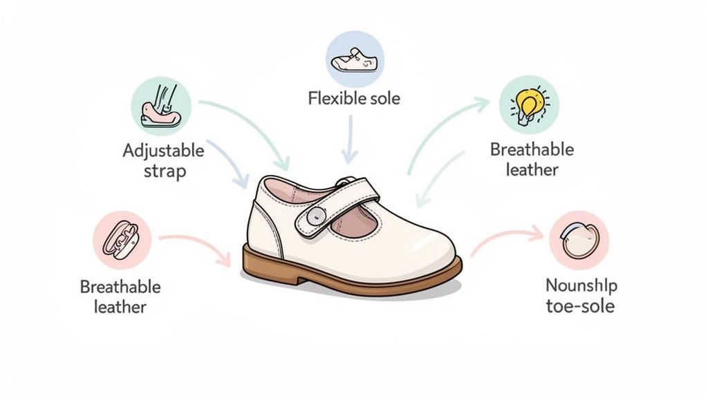 Illustration of a white children's Mary Jane shoe highlighting adjustable strap, flexible sole, and breathable leather features.