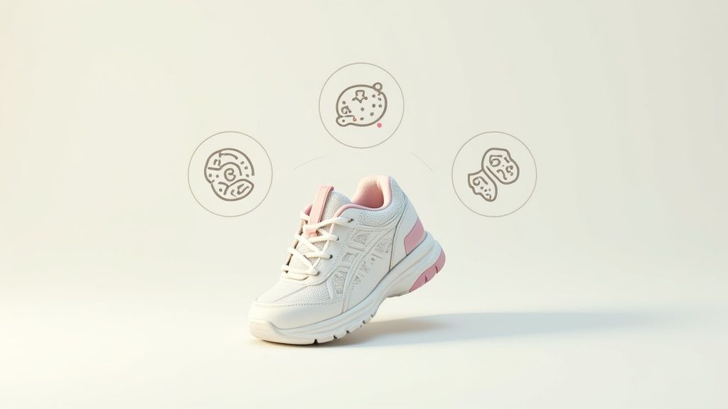 A white and pink sneaker displayed with three abstract icons above, highlighting its innovative features.