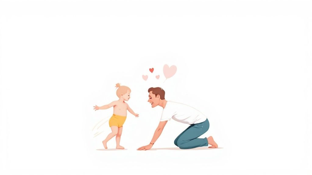 A heartwarming illustration of a baby taking first steps towards her father, surrounded by floating hearts.