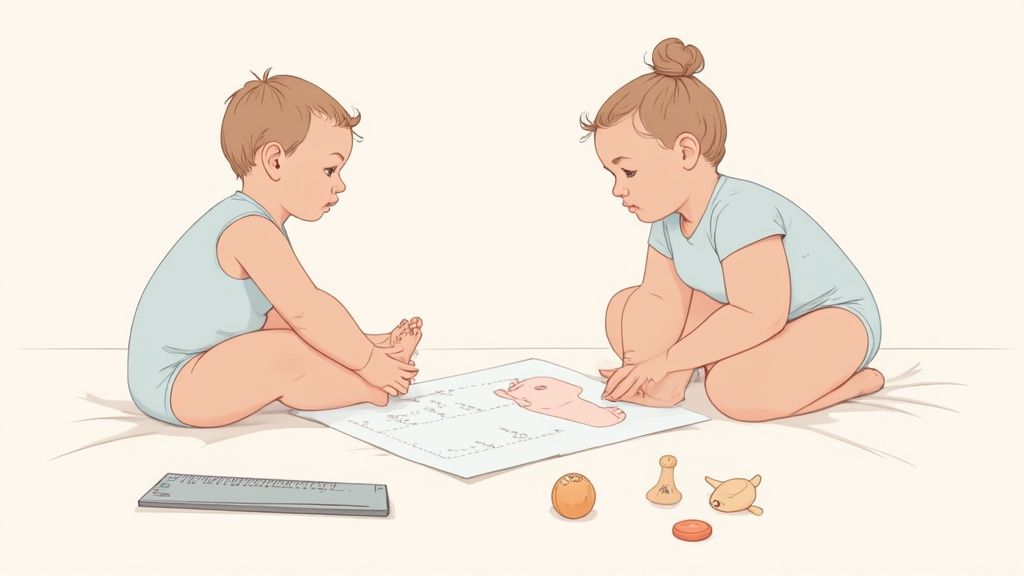 Illustration of two young children examining a floor plan with various small toys.