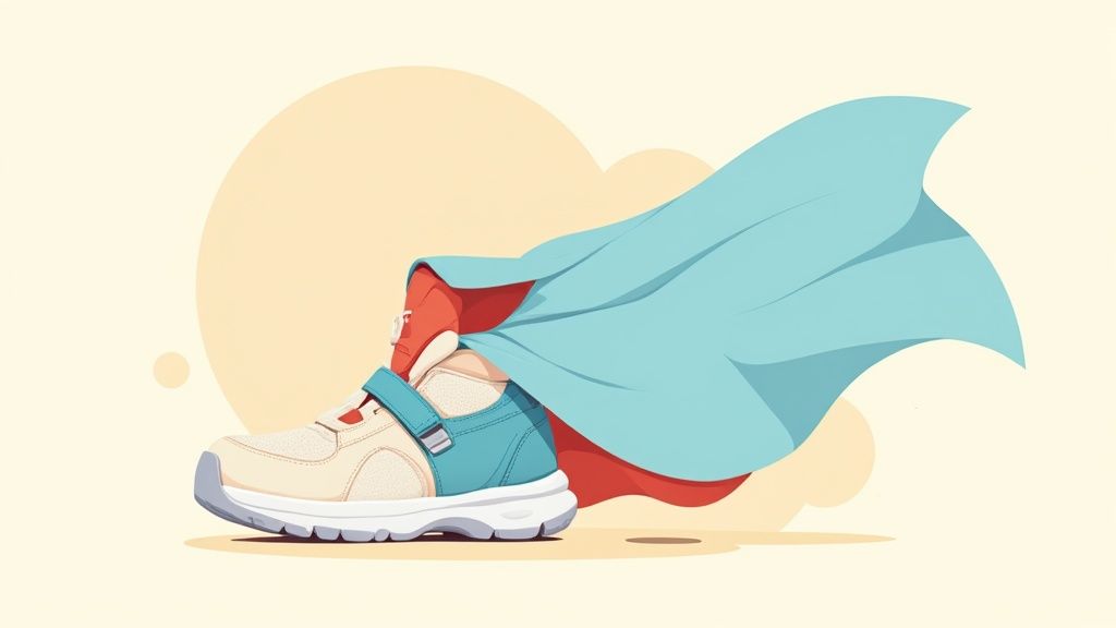 A child's foot in a well-fitting wide shoe, showing plenty of toe room.