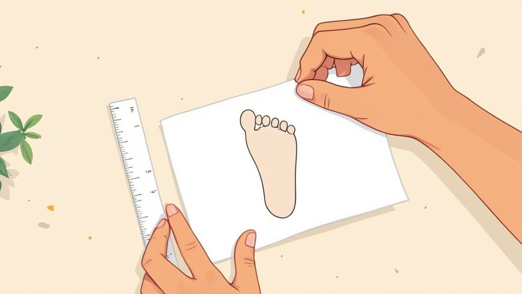 Hands measuring a drawn foot outline on paper with a ruler, possibly for shoe sizing.