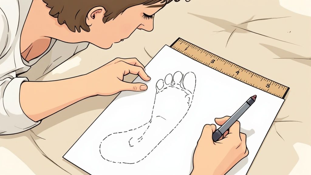 A parent gently measuring their baby's foot with a ruler while the baby sits on the floor.