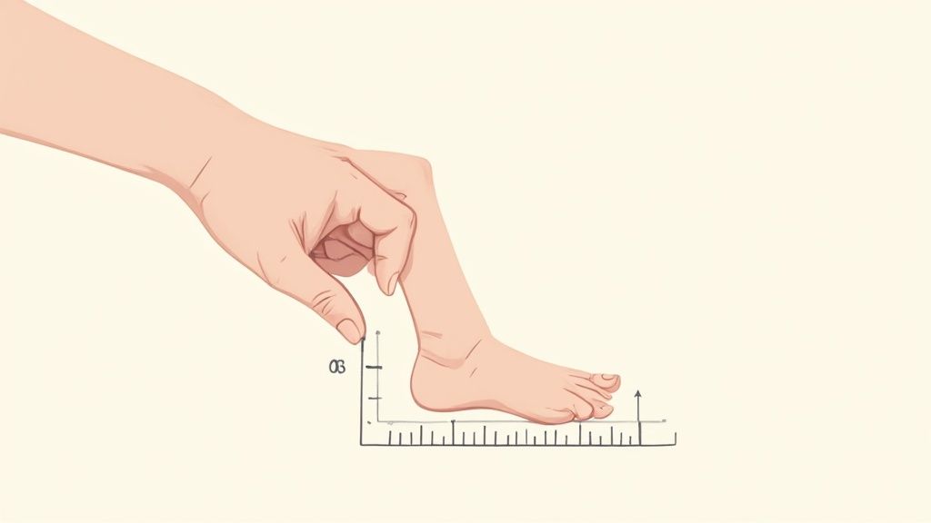 A hand measures a baby's foot against a drawn ruler to determine shoe size.