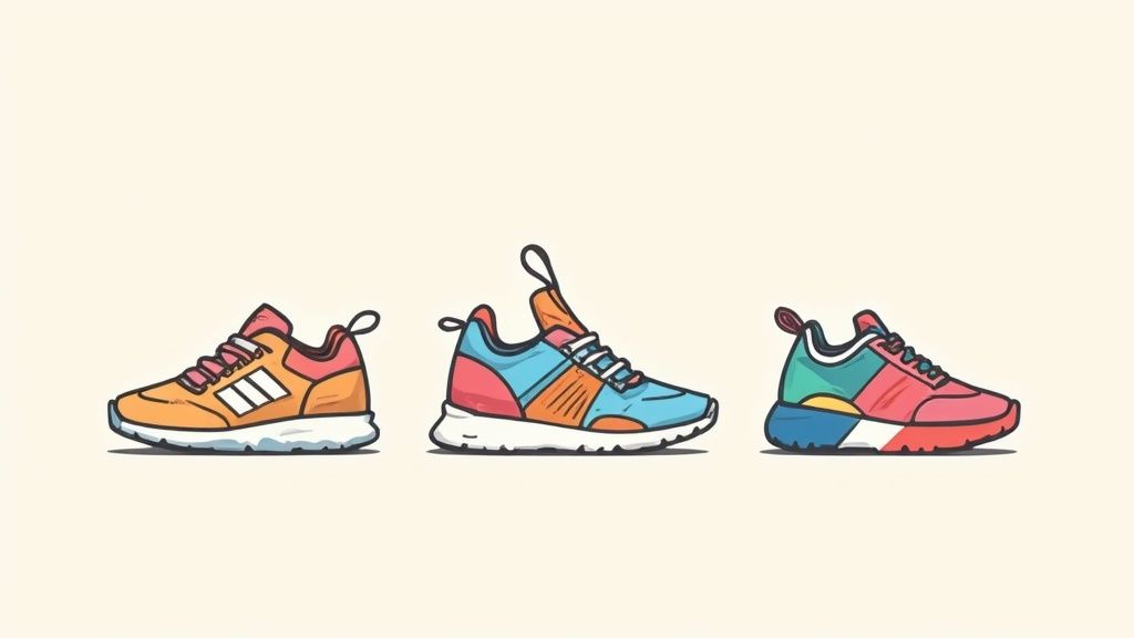 Three colorful, cartoon-style athletic sneakers in a row on a light background.