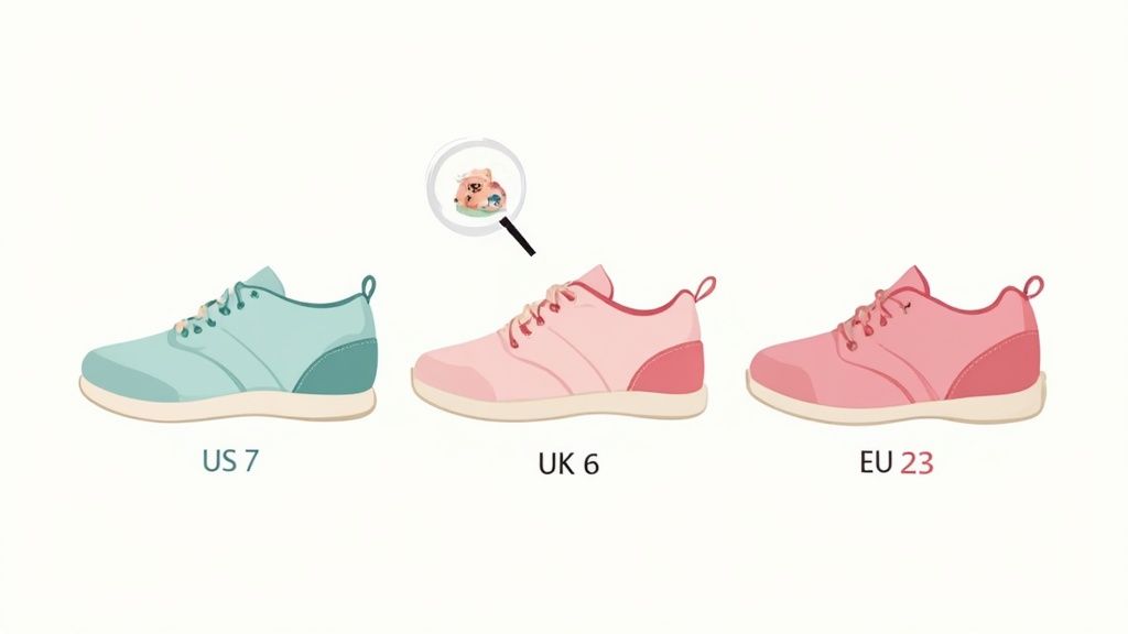 Comparison chart showing toddler shoe sizes US 7, UK 6, and EU 23 with colorful sneakers