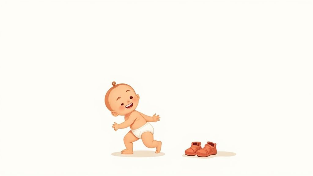 A baby wearing light blue walking shoes and sitting on a wooden floor.