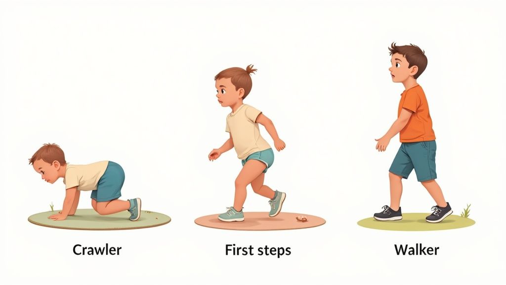 Three cartoon children illustrate early mobility stages: crawling, first steps, and walking on a white background.