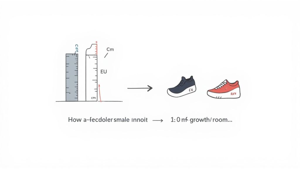 Illustration showing two rulers for measuring shoe size and two cartoon shoes, indicating growth room.