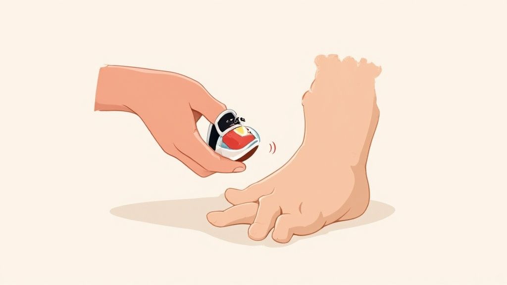 A gentle hand holds a tiny, slip-on infant shoe next to a baby's small foot.