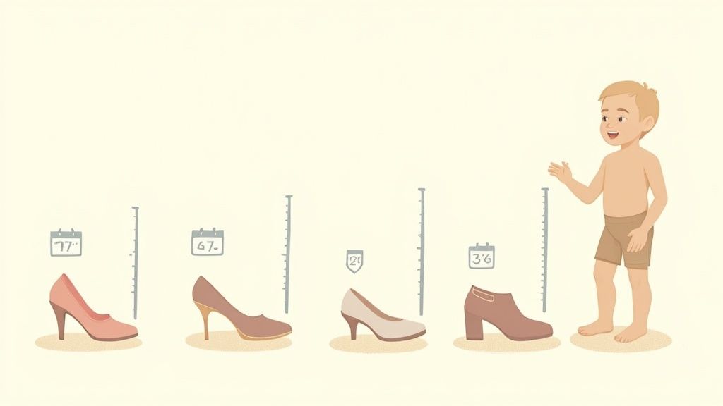 A young boy looks at four women's high-heeled shoes, each with a ruler and numbered calendar icon.